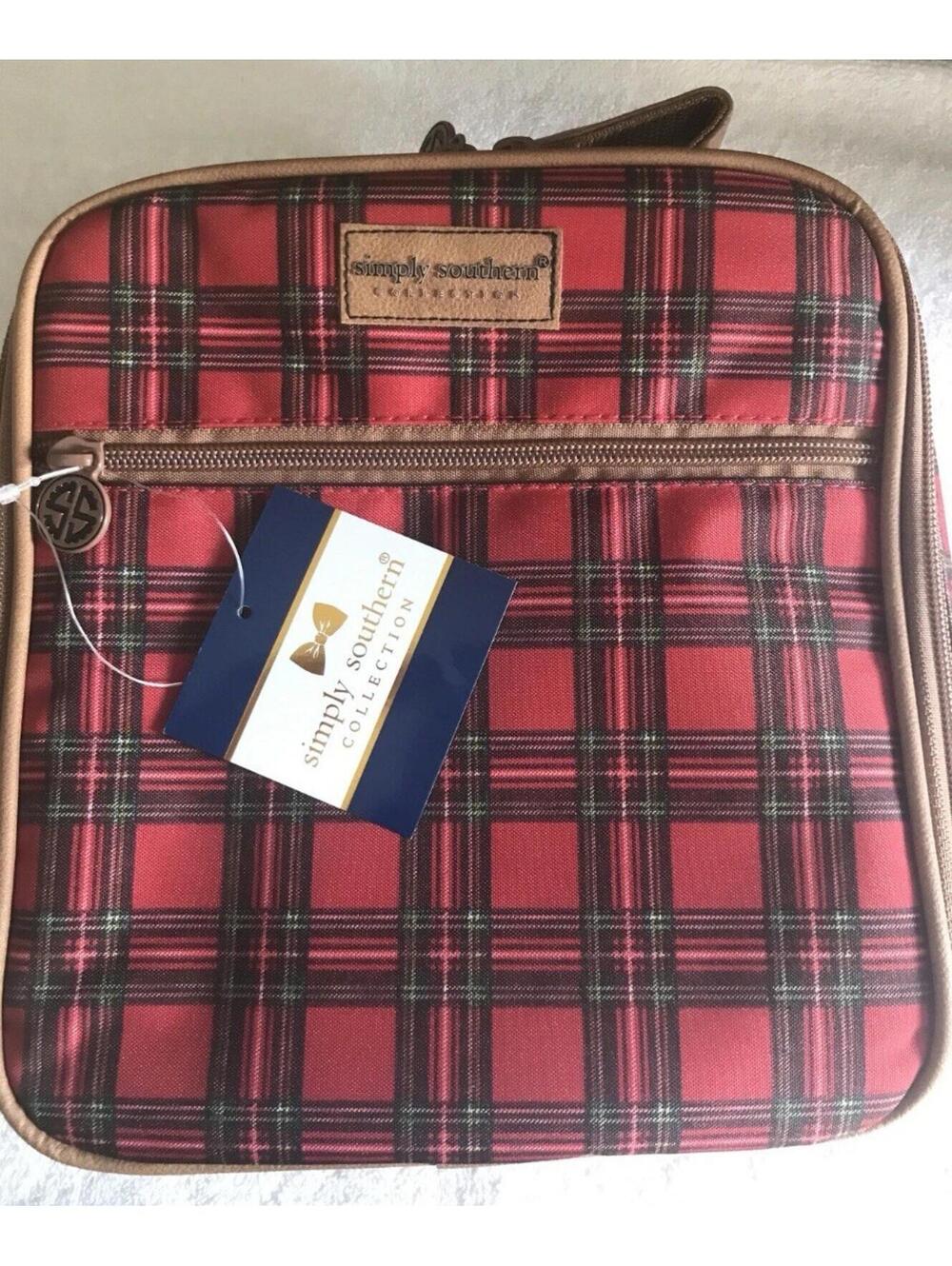 Simply Southern Lunch Bag. Red Plaid With Tan Trim. Zippered Compartments. NWT
